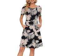 AUSELILY Vestido Informal de Manga Corta con Pliegues Sueltos y Manga para Mujer Dos Bolsillos Selva Tropical XL