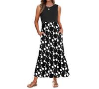 AUSELILY Vestido Largo Mujer Verano Cuello Redondo Sin Mangas Casual Elegante Maxi Vestido de Playa con Bolsillos S Tulipán Negro Blanco