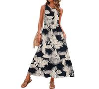 AUSELILY Vestido Largo Mujer Verano Cuello Redondo Sin Mangas Casual Elegante Maxi Vestido de Playa con Bolsillos S Hoja Selva Tropical