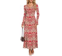 AUSELILY Vestido largo para mujer, entallado, elegante, pétalo, manga larga, cuello en V, acampanado, Rojo bohemio, XL