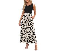 AUSELILY Vestido Largo Suelto Sin Mangas De Verano para Mujer Vestido Largo Informal con Bolsillos Albaricoque Negro Hojas XL