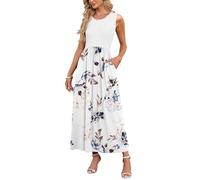 AUSELILY Vestido Largo Suelto Sin Mangas De Verano para Mujer Vestido Largo Informal con Bolsillos Flores Blancas Blancas XXL
