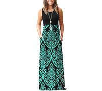 AUSELILY Vestido Largo Suelto Sin Mangas De Verano para Mujer Vestido Largo Informal con Bolsillos Negro Verde XXL