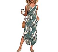 AUSELILY Vestido Largo Verano Mujer Cuello Redondo Vestido Informal Sin Mangas Estampado de Hojas 2XL