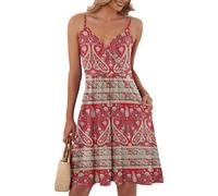 AUSELILY Vestido Midi Mujer Sexy V-Neck et Sans Manches Hay Dos Bolsillos Ligera Elástica Hay Dos Bolsillos(M,Boho Floral Rojo)