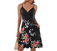 AUSELILY Vestido Midi Mujer Sexy V-Neck et Sans Manches Hay Dos Bolsillos Ligera Elástica Hay Dos Bolsillos (L.Negro Rosa Negro)
