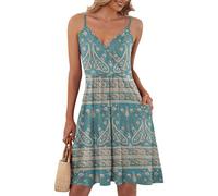 AUSELILY Vestido Midi Mujer Sexy V-Neck et Sans Manches Hay Dos Bolsillos Ligera Elástica Hay Dos Bolsillos (L,Boho Floral Verde)