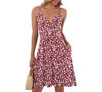AUSELILY Vestido Midi Mujer Sexy V-Neck et Sans Manches Hay Dos Bolsillos Ligera Elástica Hay Dos Bolsillos Flores Rojas S