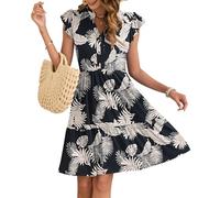 AUSELILY Vestido Mujer Verano Cuello en V Mangas con Volantes Minivestido Cintura Elástica Vestidos Informal con Bolsillos Hoja Bosque Tropical M