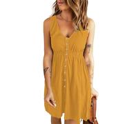AUSELILY Vestido Mujer Verano Cuello en V Sin Mangas Largo hasta la Rodilla Cintura Elástica Botones Decorativos Vestidos Informal con Bolsillos Amarillo L