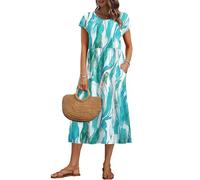 AUSELILY Vestido Verano Manga Corta y Largo Midi para Mujer Vestidos Holgado con Cuello Redondo y Bolsillos