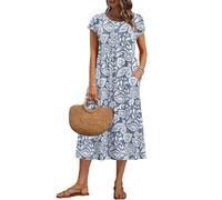 AUSELILY Vestido Verano Manga Corta y Largo Midi para Mujer Vestidos Holgado con Cuello Redondo y Bolsillos