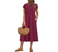 AUSELILY Vestido Verano Manga Corta y Largo Midi para Mujer Vestidos Holgado con Cuello Redondo y Bolsillos