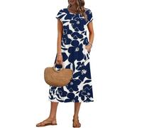 AUSELILY Vestido Verano Manga Corta y Largo Midi para Mujer Vestidos Holgado con Cuello Redondo y Bolsillos