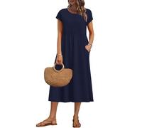AUSELILY Vestido Verano Manga Corta y Largo Midi para Mujer Vestidos Holgado con Cuello Redondo y Bolsillos