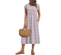 AUSELILY Vestido Verano Manga Corta y Largo Midi para Mujer Vestidos Holgado con Cuello Redondo y Bolsillos