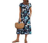 AUSELILY Vestido Verano Manga Corta y Largo Midi para Mujer Vestidos Holgado con Cuello Redondo y Bolsillos