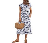 AUSELILY Vestido Verano Manga Corta y Largo Midi para Mujer Vestidos Holgado con Cuello Redondo y Bolsillos