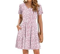 AUSELILY Vestidos de Verano para Mujer Elegante Vestido de Playa con Volantes Vestido Casual de Manga Corta con Bolsillos Florecillas Rosas M