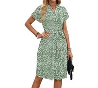 AUSELILY Vestidos de Verano para Mujer Vestidos Elegantes Holgados de Manga Corta Vestido con Cuello en V hasta la Rodilla y Lazo en la Cintura con Bolsillos Hojas de Olivo XL