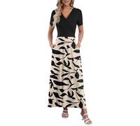 AUSELILY Vestidos Largo Verano Mujer Vestido Invitada Boda Elegante Cuello en V Manga Corta Vestido Mujer Casual Cintura Alta Maxi Vestidos Playa con Bolsillos Negro y Albaricoque Hojas Negras XL