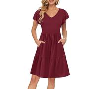 AUSELILY Vestidos Mujer Verano Femenino pétalos Volantes V Cuello Sun Falda Manga Corta con Vestido Casual de Bolsillo Vino Tinto L