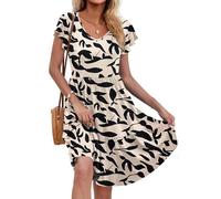 AUSELILY Vestidos Mujer Verano Femenino pétalos Volantes V Cuello Sun Falda Manga Corta con Vestido Casual de Bolsillo Albaricoque Hojas Negras L