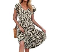 AUSELILY Vestidos Mujer Verano Femenino pétalos Volantes V Cuello Sun Falda Manga Corta con Vestido Casual de Bolsillo Leopardo Leopardo L