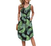 AUSELILY Vestidos Verano Mujer Vestido Playa Mujer sin Mangas con CordóN Cuello Redondo Vestido Midi hasta la Rodilla Elegante Vestido Informal con Bolsillos Hojas Negras Verdes 2XL