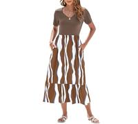 AUSELILY WNEEDU Vestido de verano largo de manga corta para mujer, vestido largo de verano, cuello en V, cintura imperio, vestido de playa con bolsillos, caqui, XXL