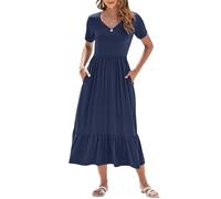 AUSELILY WNEEDU Vestido de verano largo de manga corta para mujer, vestido largo de verano, cuello en V, cintura imperio, vestido de playa con bolsillos, azul marino, M