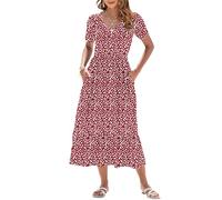 AUSELILY WNEEDU Vestido de verano largo de manga corta para mujer, vestido largo de verano, cuello en V, cintura imperio, vestido de playa con bolsillos, Mancha roja, XL