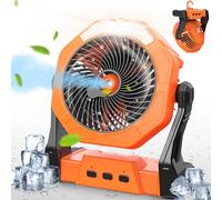 Ausic Ventilador de camping portátil con nebulización, ventilador de refrigeración para exteriores de 8 pulgadas con luz LED, spray de agua, gancho, [máximo 35 horas], ventilador recargable que