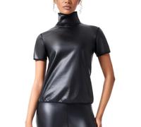 Ausing Camiseta de piel sintética para mujer, camiseta de manga corta de piel, manga corta, látex, disfraz para rave, fiesta, club, noche, aspecto mojado, tallas XS-3XL, Negro con medio cuello, S