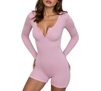 Ausing One Piece - Pijama corto con cuello en V para mujer, diseño de mono largo y manga Y2K, rosa, M