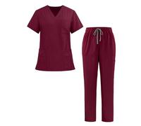 Ausing Uniforme Médico Unisex con Top y Pantalón Bata + Pantalón Bata Elástica de Secado Rápido Set Claret M