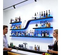 AUSKLEZU 180cmBotellero de Pared 3 Niveles con Iluminación LED, Estante Flotante Hierro Forjado, Diseño Ondulado Industrial, para Bar, Cocina, Restaurante (180 * 20 * 80cm)