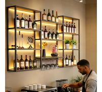 AUSKLEZU Botellero de Pared con Luces LED, Metal y Madera, Negro, con Portacopas, Estilo Industrial Moderno, 120/150/180 cm (Negro, 120cm)