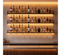 AUSKLEZU Botellero de Pared Industrial con Luz LED, Estante de Vino de Metal 3 Niveles con Portavasos, Multifuncional, Negro/Dorado, Varios Tamaños para Cocina, Bar, Cafetería (Negro, 200CM)