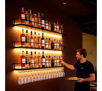 AUSKLEZU Botellero de Pared Industrial con Luz LED, Estante de Vino de Metal 3 Niveles con Portavasos, Multifuncional, Negro/Dorado, Varios Tamaños para Cocina, Bar, Cafetería (Negro, 160CM)