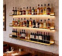 AUSKLEZU Botellero de Pared Industrial con Luz LED, Estante de Vino de Metal 3 Niveles con Portavasos, Multifuncional, Negro/Dorado, Varios Tamaños para Cocina, Bar, Cafetería (Oro, 200CM)