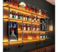 AUSKLEZU Botellero de Pared Industrial con Luz LED, Estante para Vinos de Madera Maciza de 4 Niveles, Soporte Flotante para Botellas y Bar para Hogar, Restaurantes y Cafeterías (Madera, 200cm)