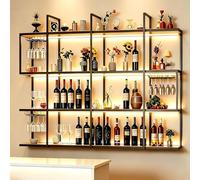 AUSKLEZU Botellero de Pared Metálico de 4 Niveles con Luz LED, Botellero Industrial de Pared para Vino, Soporte Vertical para Botellas y Copas para Bar, Cocina y Decoración del Hogar (Negro, 120cm)
