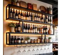 AUSKLEZU Botellero de Pared para Vino con Luz LED Cálida - Botellero Industrial de Pared Vertical de 4 Niveles, Estantería Flotante con Soporte para Copas Colgante para Bar, Cocina y Comedor (150cm)