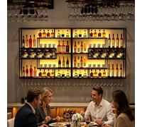 AUSKLEZU Estante de Pared para Vino con Rejilla y Luz LED | Botellero Industrial de Metal | 4Niveles con Soporte para Copas | Decorativo para Bar y Cocina(300CM)