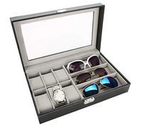 Ausla Caja porta relojes joyas, estuche vitrina para 3 gafas y 6 relojes, caja porta relojes de piel sintética, caja porta relojes con tapa de cristal transparente, 33 x 20 x 8 cm