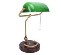 Ausla Lámpara de Banquero, Lámpara de Escritorio Vintage con Pantalla de Cristal Verde Esmeralda, Luz de Mesa de Roble y Hierro, Pantalla Giratoria 350 con Atenuación Táctil 6000 MAh para Estudio de