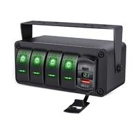 Ausla Panel de Interruptores de Balancín 4 Gang Caja de Interruptor de Palanca con Cargador USB PD Tipo C QC 3.0 Pantalla LED de Voltaje 20A 12V 24V para Autos Camiones Botes (luz Verde)