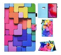 Auslbin Funda de Cuero PU para Lenovo Tab M11 11" 2024 - Slim, Lightweight Stand with Auto Sleep/Wake Function, Featuring Feline Designs, Bloques