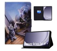 Auslbin Funda de Cuero PU para Samsung Galaxy Tab A9+ A9 Plus 11" SM-X210/SM-X215 - Slim, Lightweight Stand with Auto Sleep/Wake Function, Featuring Feline Designs, Gato y Tigre